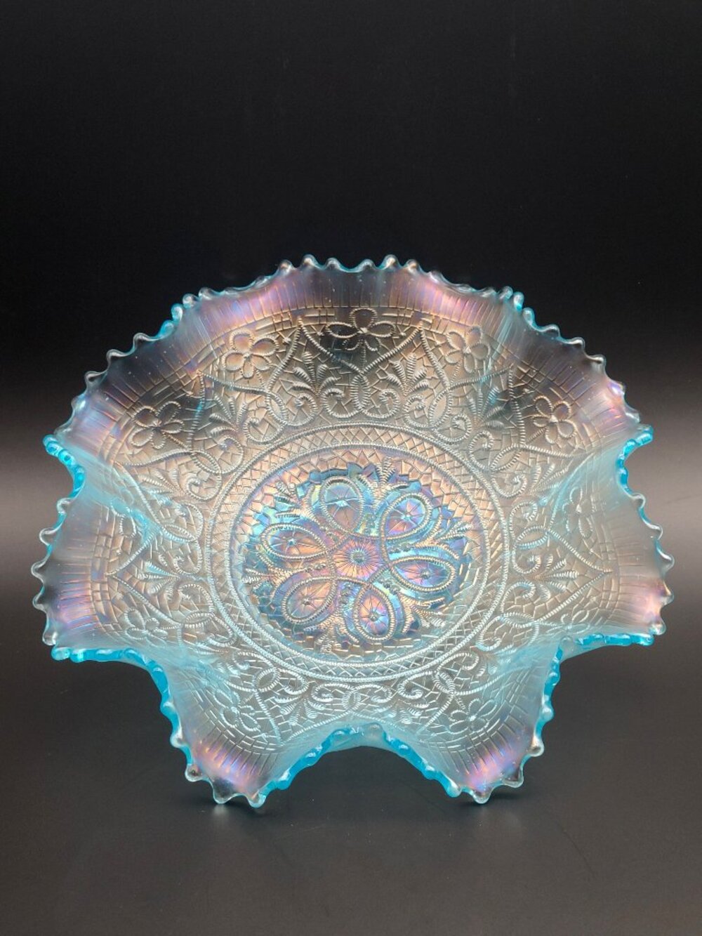 Antique Northwood Ice Blue Hearts and Flowers Ruffled Bowl 8.5" Diameter